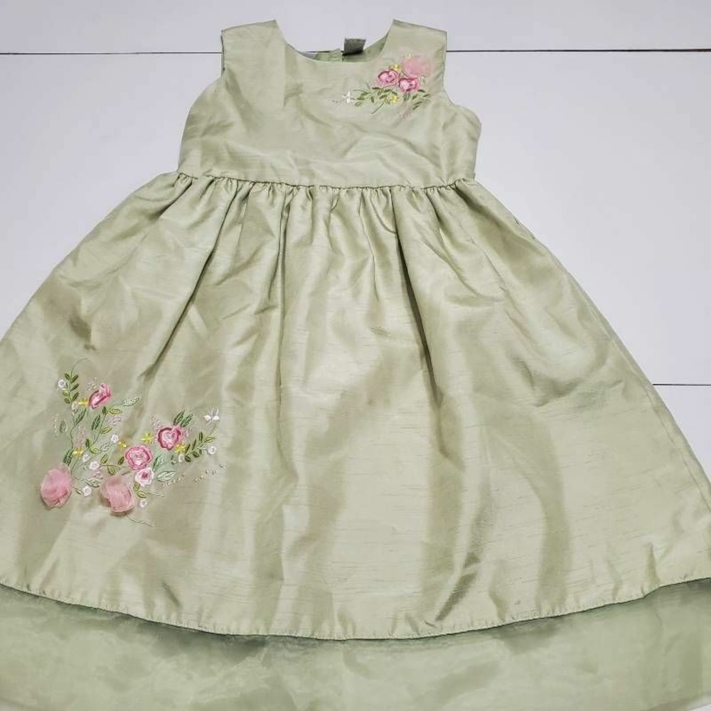 Perfectly Dressed Girls Fit And Flare Dress Green Floral Embroidered Tie Back 10